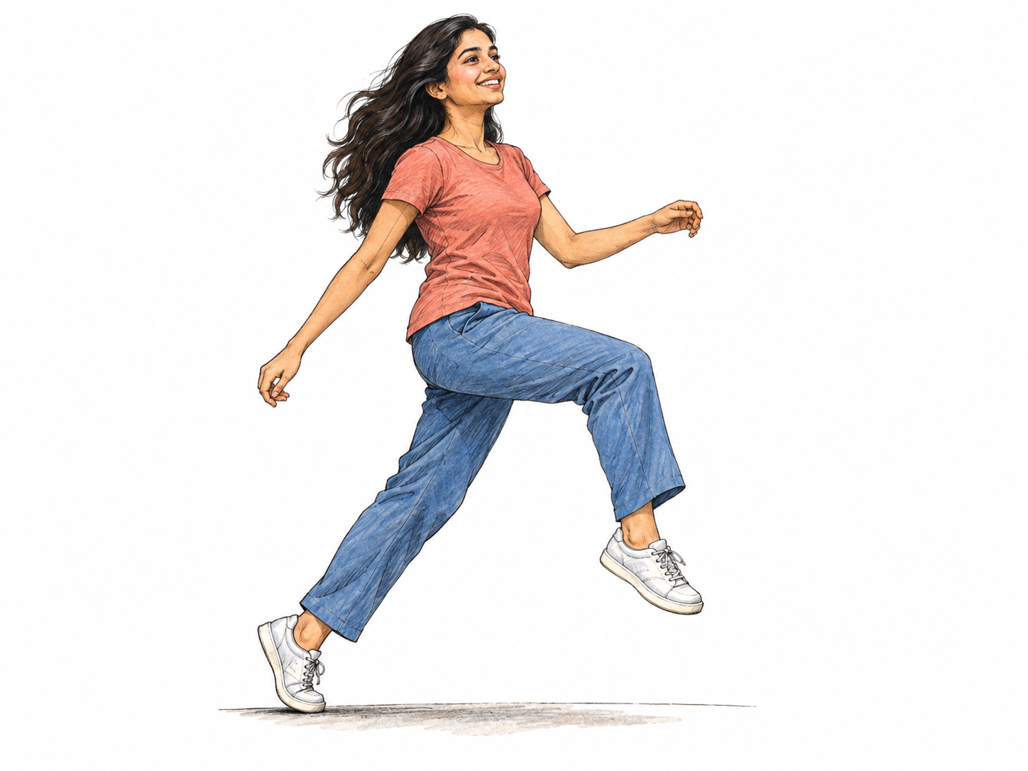 A young woman prances forward with an exuberant, exaggerated high-kneed springing step, head held high and arms swinging loosely.