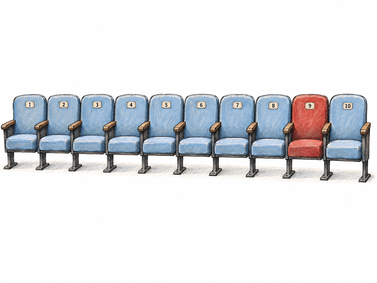 A single ordered row of ten numbered theater seats, with only the ninth seat upholstered in red.