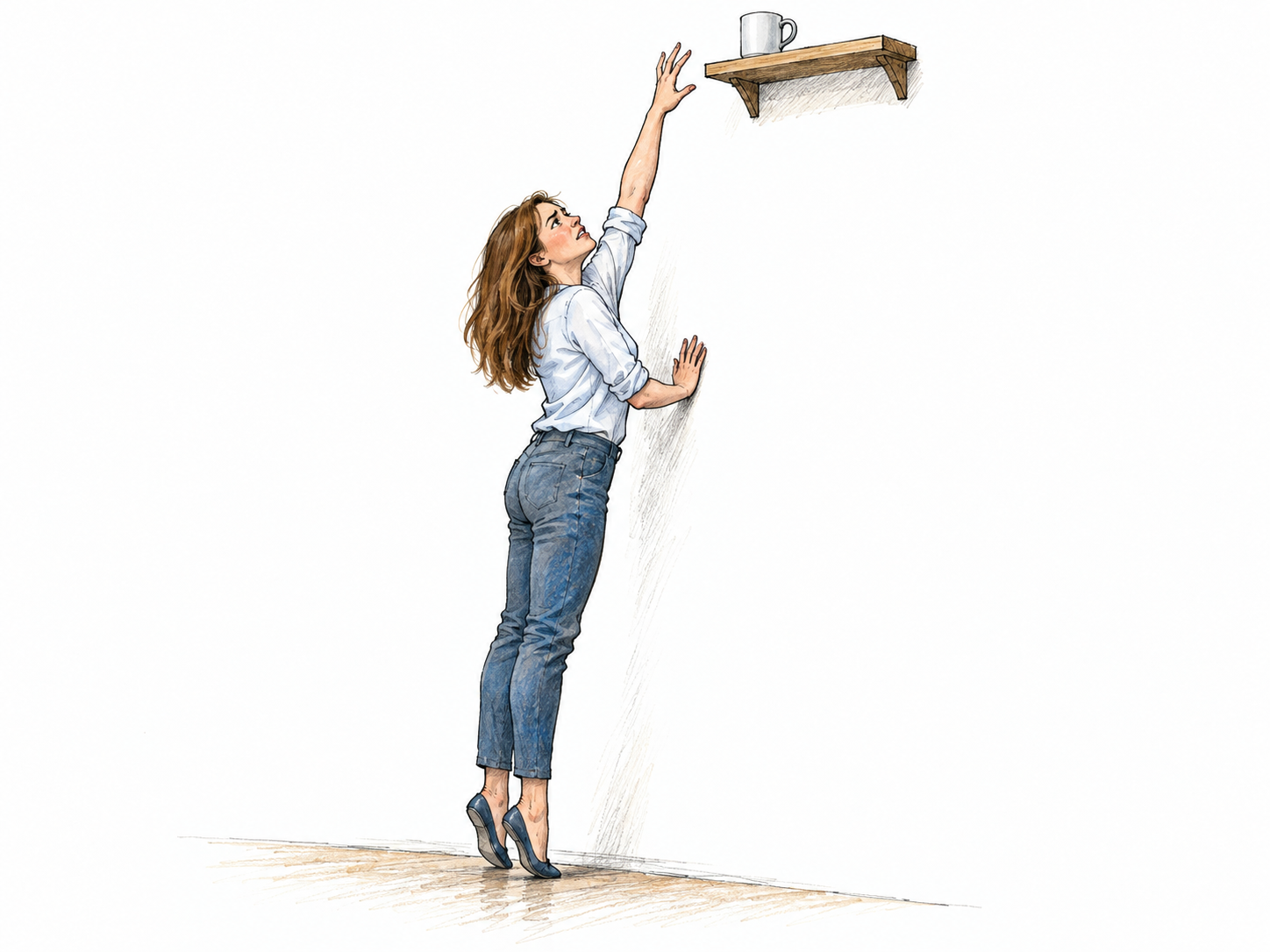 A woman stretches onto tiptoe but cannot reach a mug on a shelf far above her fingertips, making her inability to perform this particular action visibly concrete.