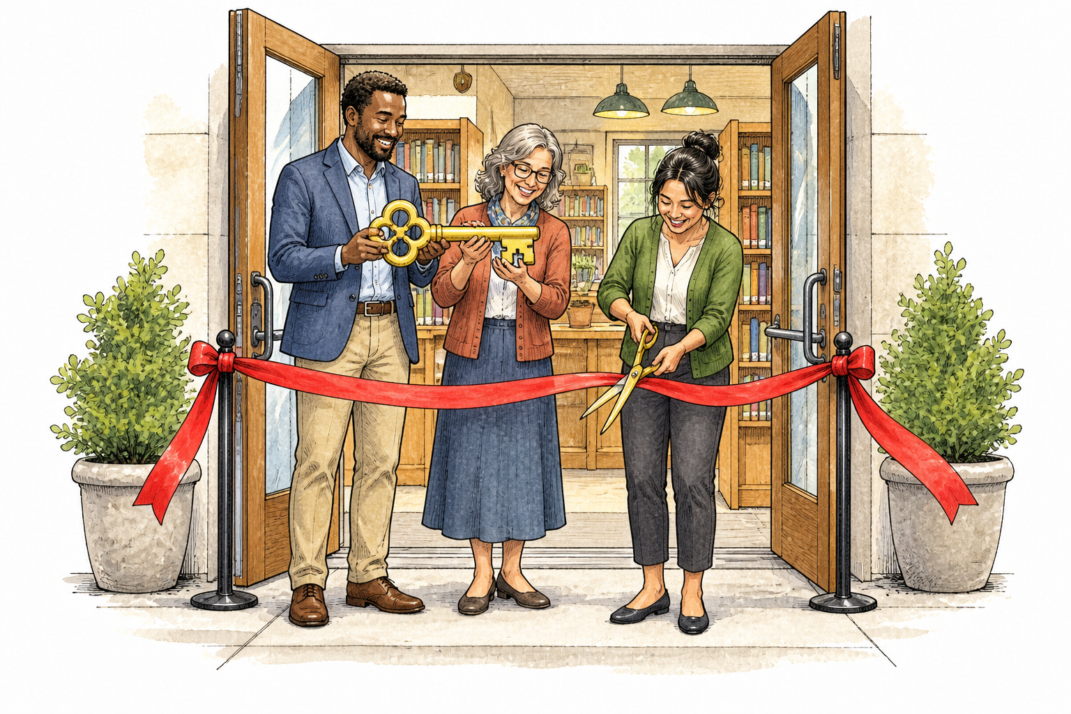 Three modern community founders open a newly established small public library: one ceremonially cuts a ribbon across the entrance while the others proudly hold a symbolic building key, fresh bookshelves inside make the institution clear.