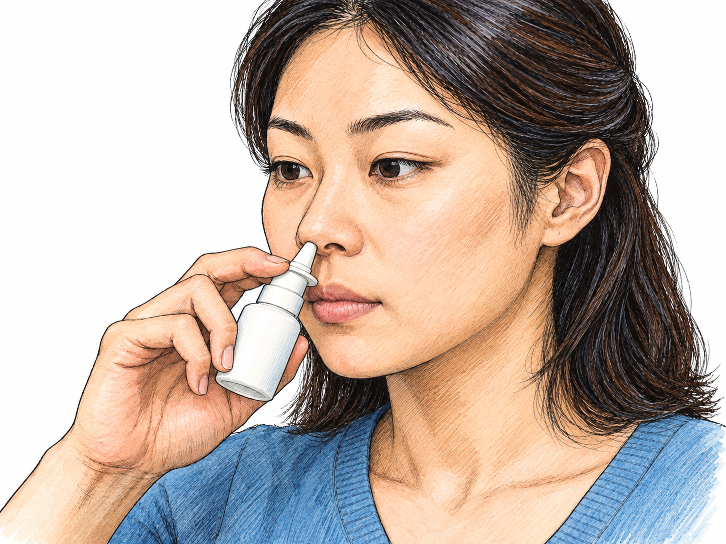 A close three-quarter view of a woman using a nasal spray, with the applicator tip just inside one nostril, making the nose-specific application immediately visible.