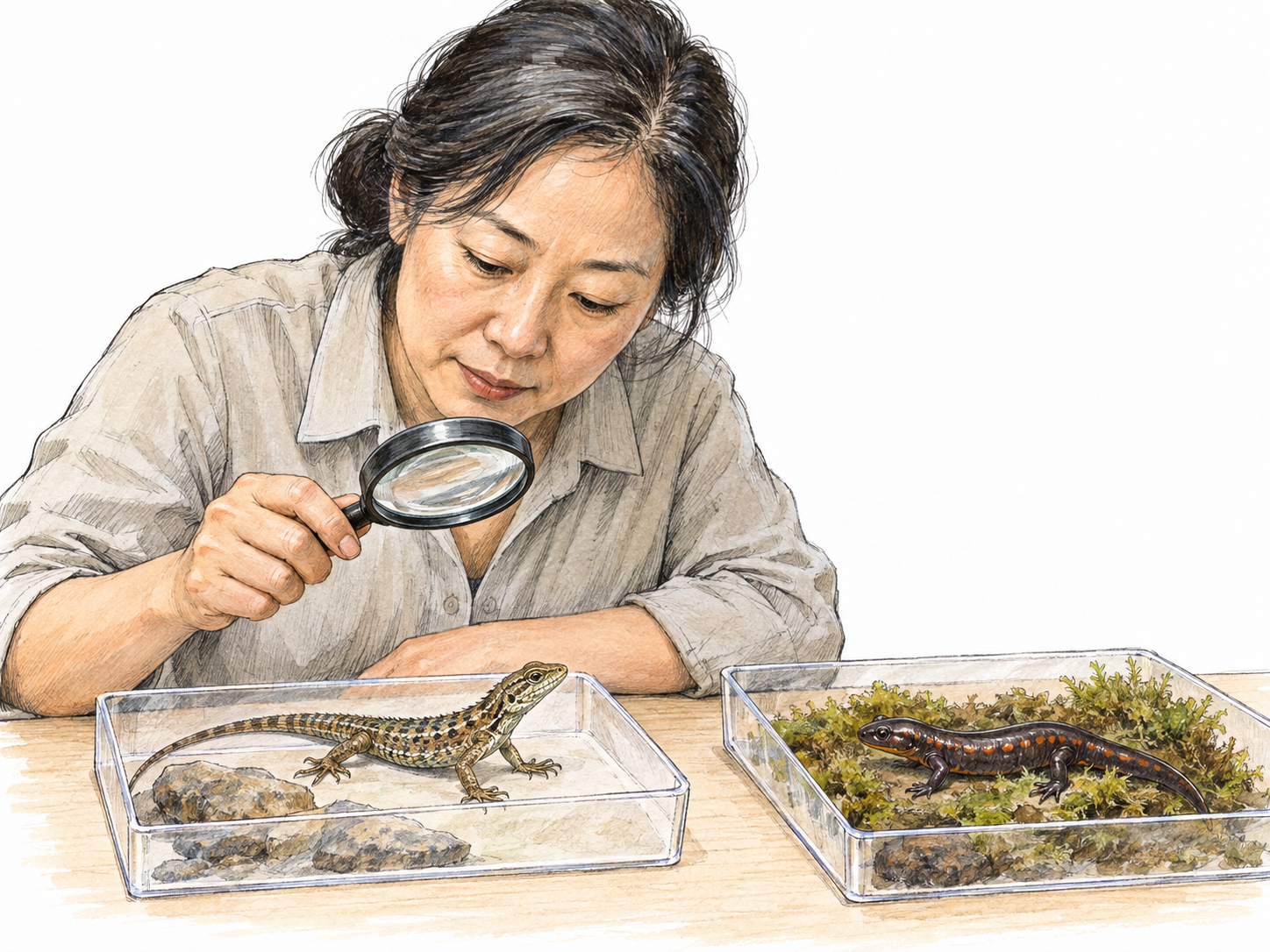 A herpetologist observes a small lizard and a salamander in separate open-topped observation trays, using a magnifying glass to convey scientific study of both reptiles and amphibians.