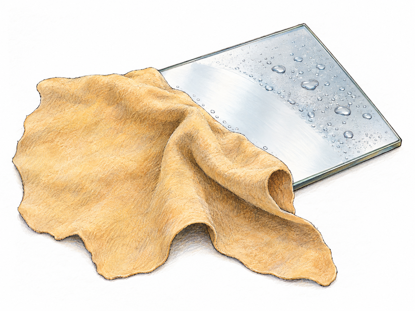 Close-up of a soft, pale-tan chamois leather draped over the edge of a partly dried mirror, with an irregular hide-shaped outline, thin supple folds and a matte suede-like surface.