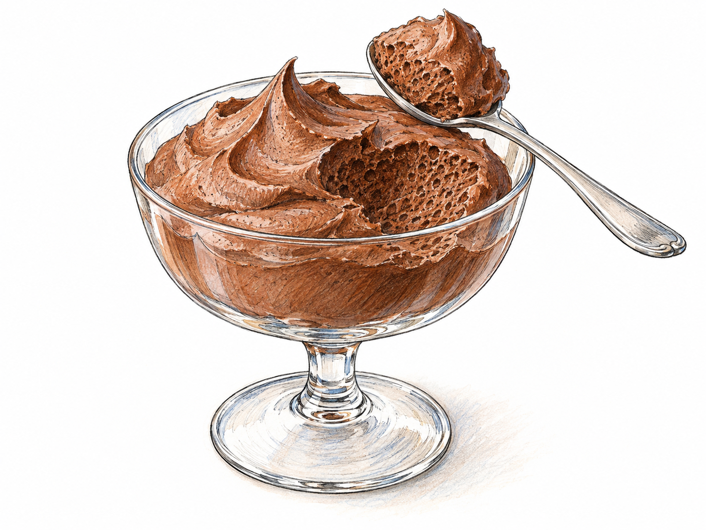 A close-up of chocolate mousse in a clear dessert coupe, with a spoonful lifted out to expose its light, aerated texture.
