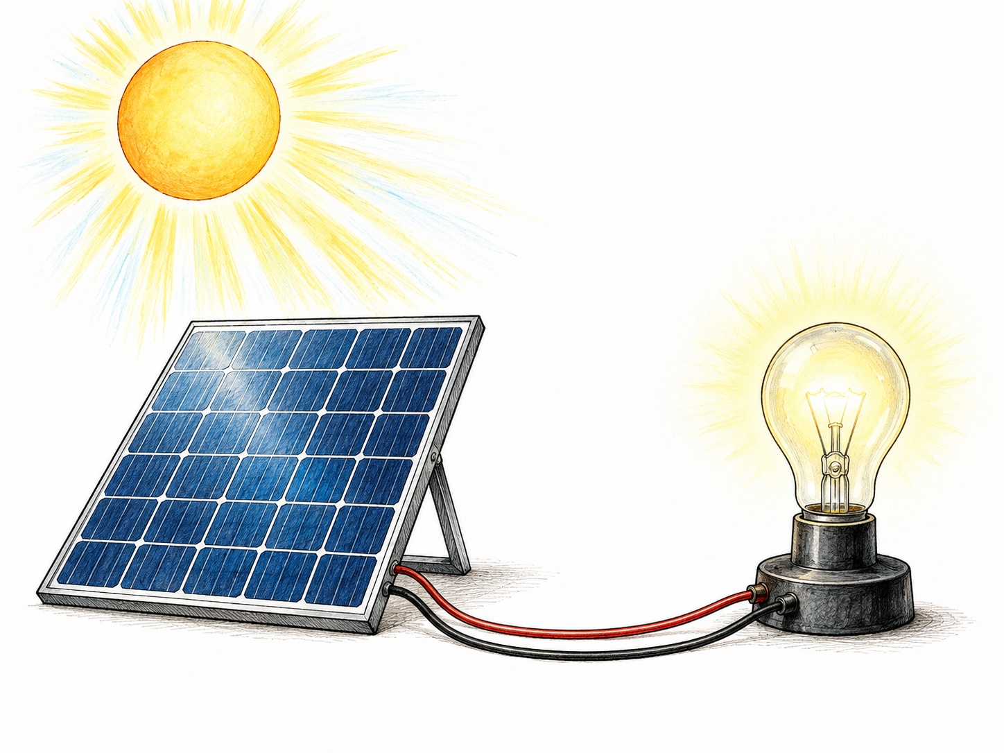 Sun above small solar panel connected by two visible wires to a glowing lamp; energy from sunlight shown with restrained rays, no labels or diagram text.