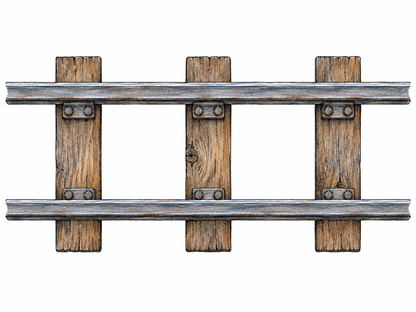 Two straight railway rails in plan view run beside each other at constant spacing across horizontal composition, three sleepers; no perspective convergence, white ground.