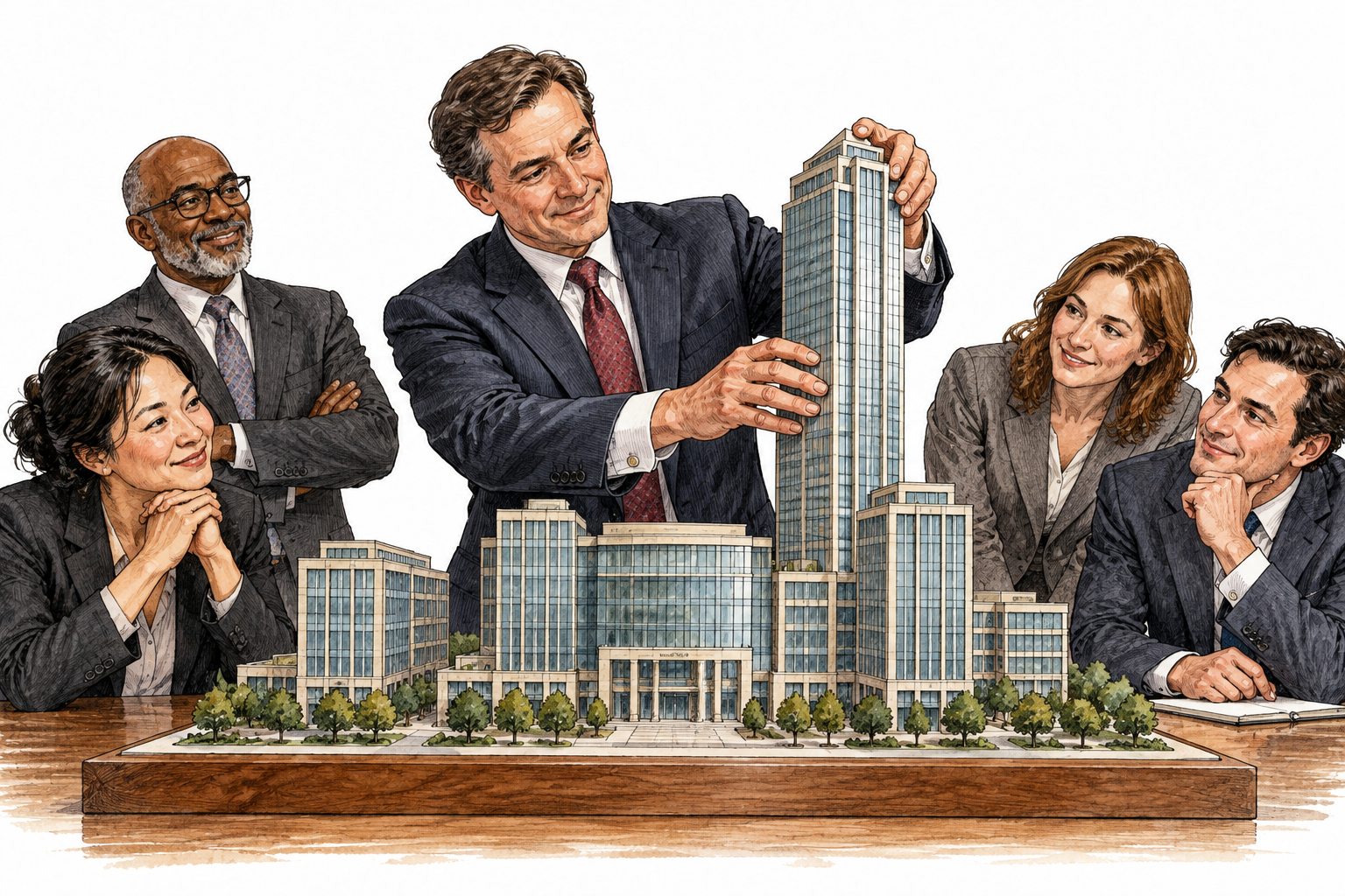 An ambitious executive ceremonially adds another tall wing to a tabletop company-building model, growing power and scale, colleagues watching.