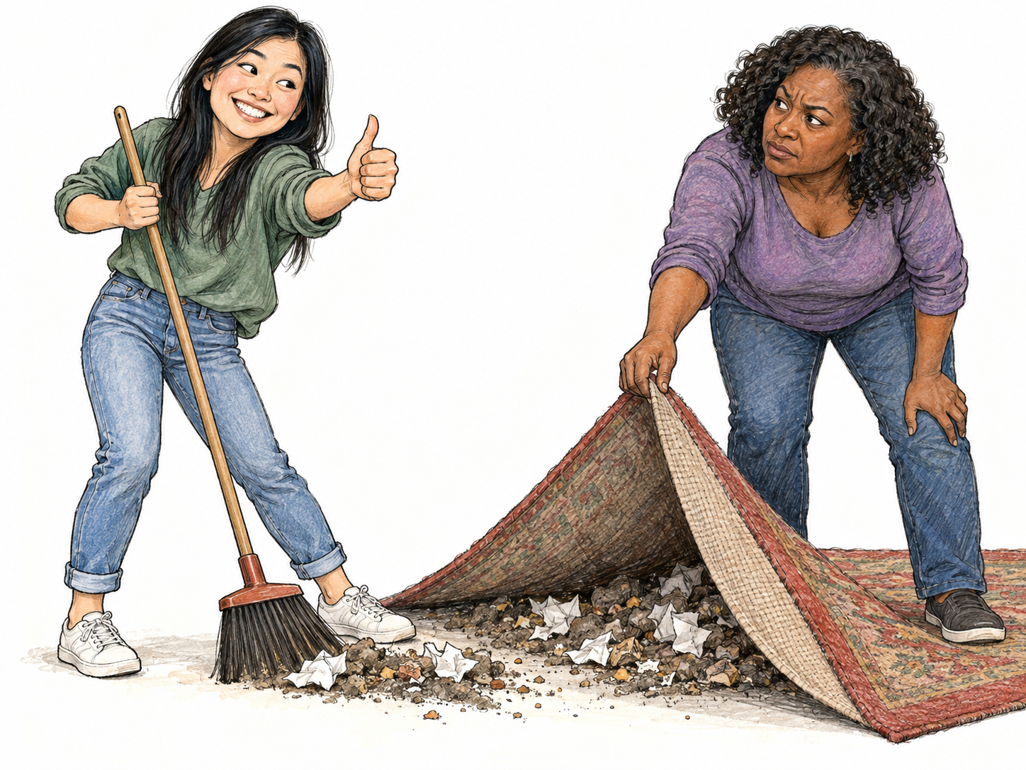 A woman makes a conspicuously proud show of cleaning while her broom pushes rubbish beneath a rug; a skeptical witness lifts the rug to expose the sham.