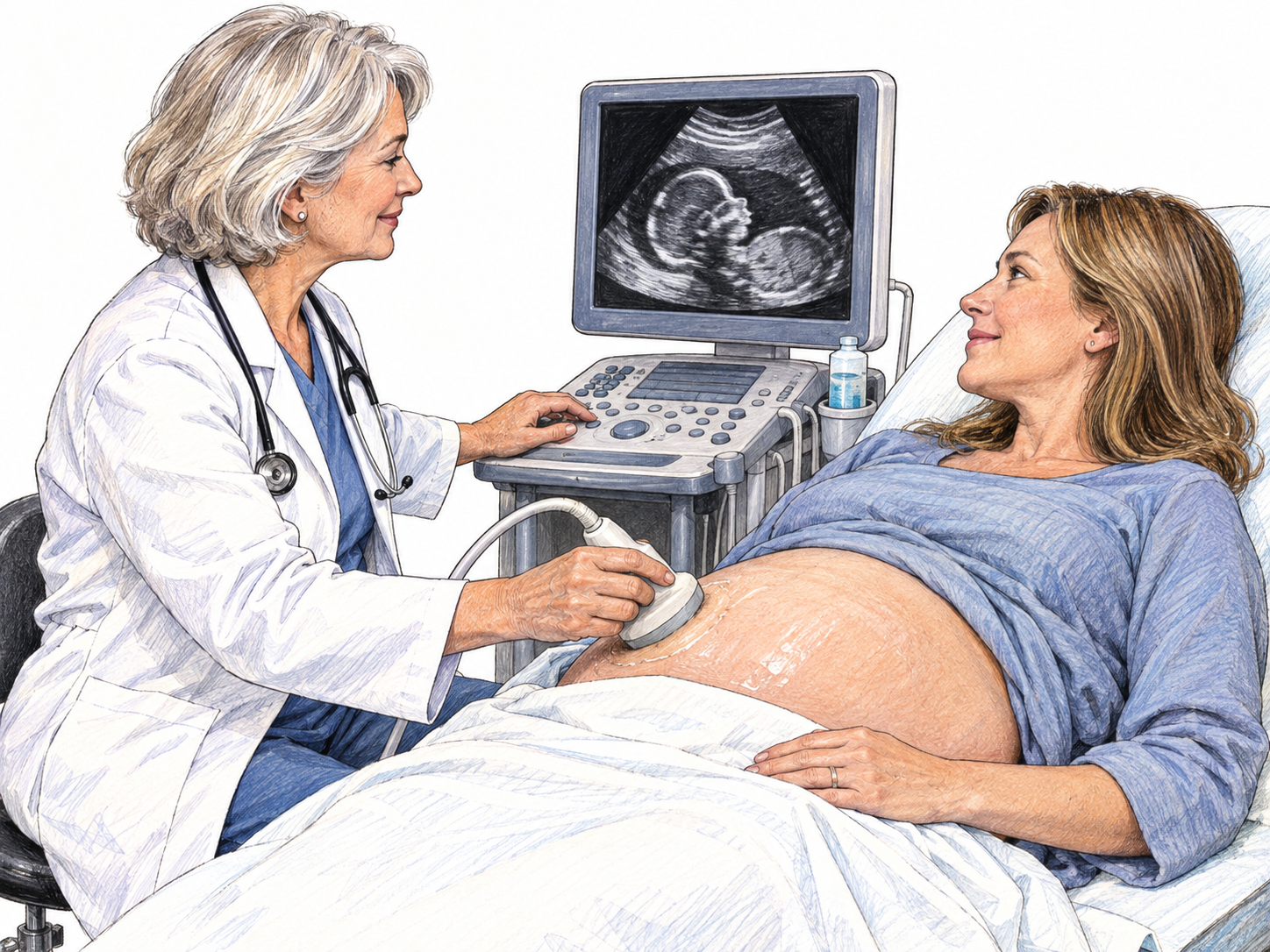 An obstetrician performs a prenatal ultrasound on a visibly pregnant patient, with the fetal profile clearly visible on the nearby monitor.