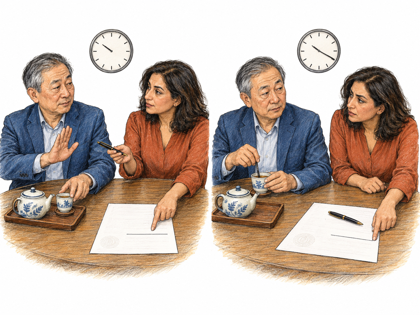 A negotiator deliberately puts off signing by turning to a slow tea-serving ritual while the other party continues waiting for his decision.