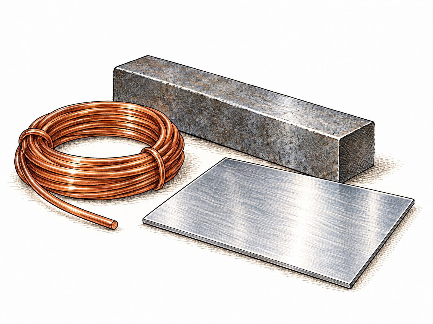 Samples of copper wire, iron bar and silver-colored sheet arranged clearly, metallic sheen expressed in pen and restrained wash, no labels.