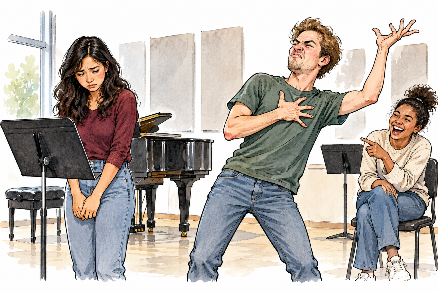 Modern college rehearsal room: one adult student deliberately mimics another student's earnest singing pose with an exaggerated sneer while a companion laughs; the targeted student lowers both hands and looks hurt.