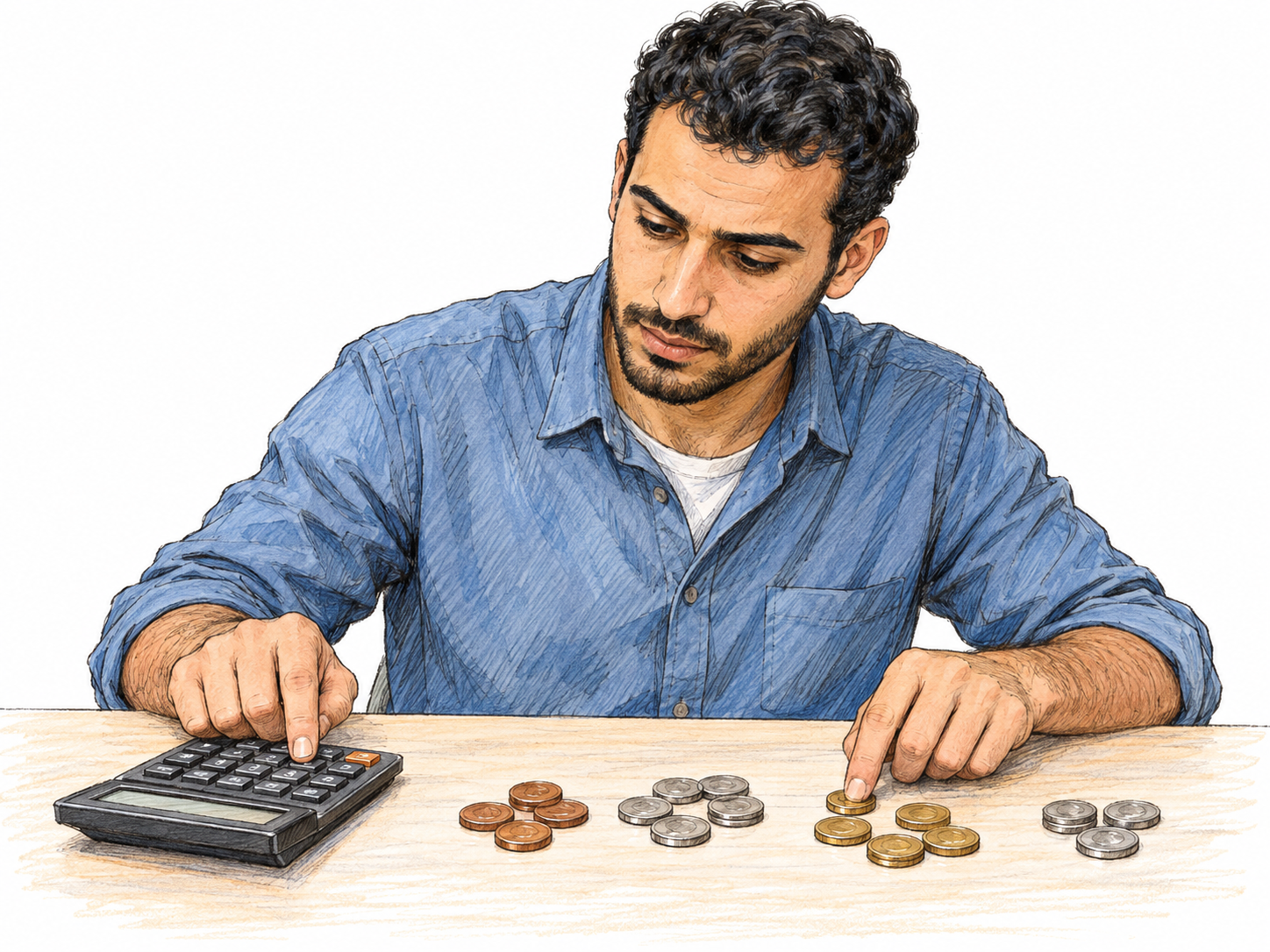 A young man calculates a total by counting coins arranged in small groups and entering the amounts on a calculator.