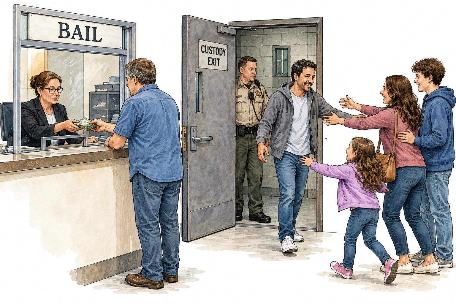 Court clerk receives money at BAIL window while released adult exits custody door to waiting family, no verdict implication.