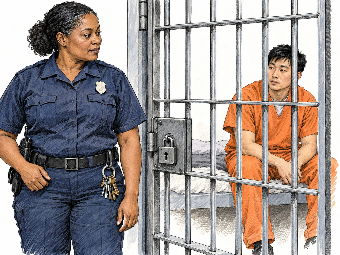 A uniformed jailer stands watch outside a locked barred cell containing a prisoner.
