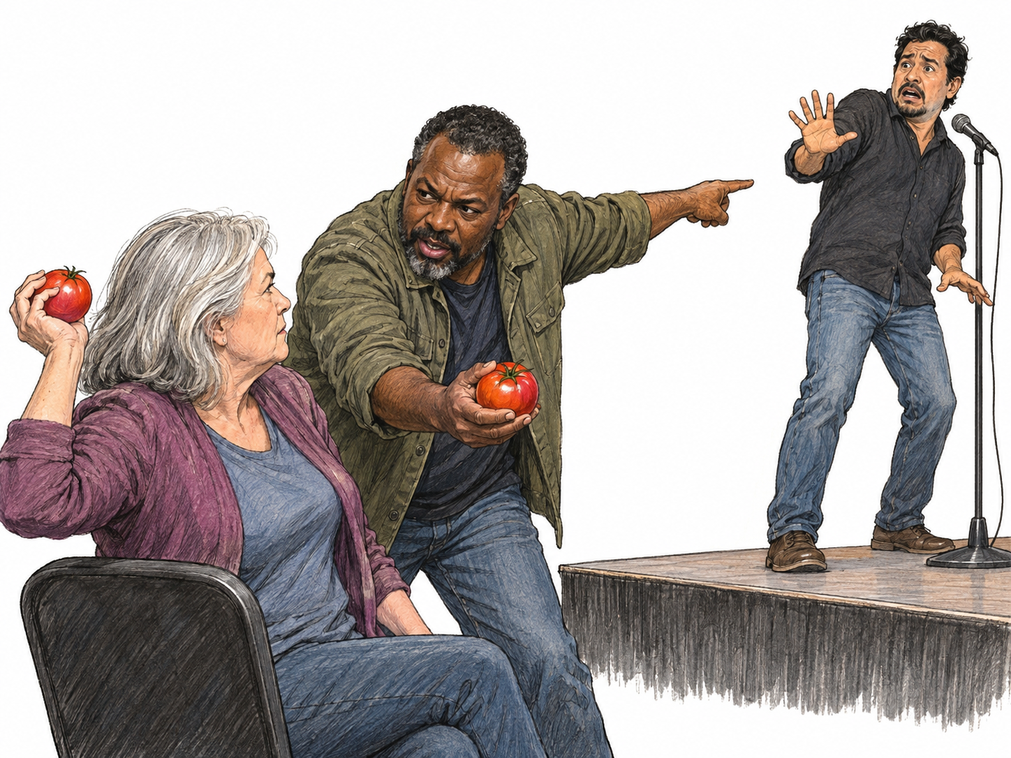 An audience member incites a hostile disruption of a performance: he supplies a tomato to another spectator and emphatically points toward the performer as she raises another tomato to throw.