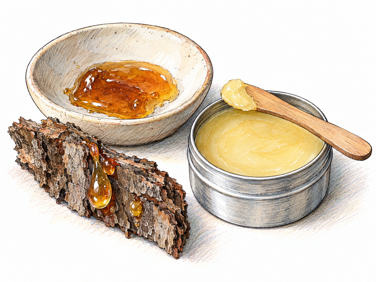 A small amber-colored pool of sticky balsam resin in a shallow ceramic dish, beside a resin-beaded piece of bark and an open tin of plant-based balm with a wooden spatula.