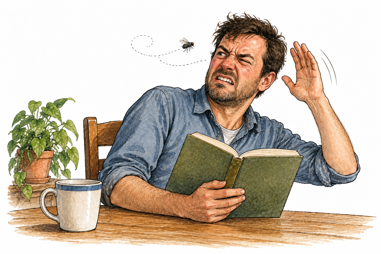 A man trying to read is bothered by a persistent fly near his face, irritated expression and waved hand.