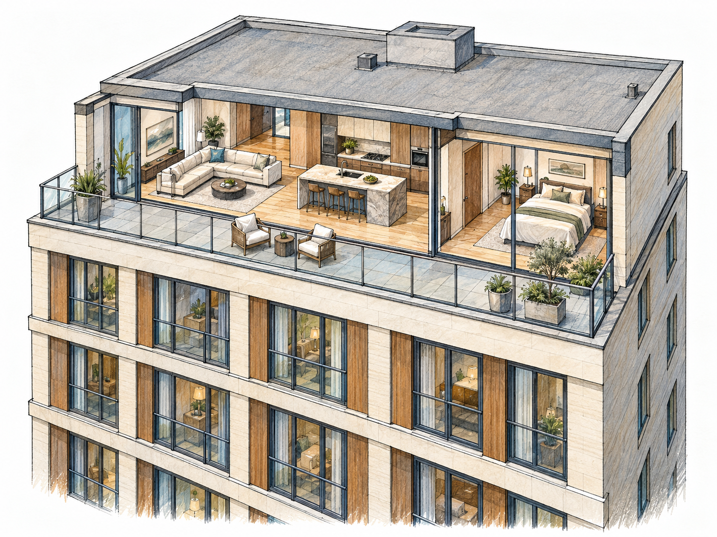 An elevated three-quarter cutaway of a multistory apartment building reveals a spacious, luxurious apartment occupying its highest floor, with a private roof terrace.