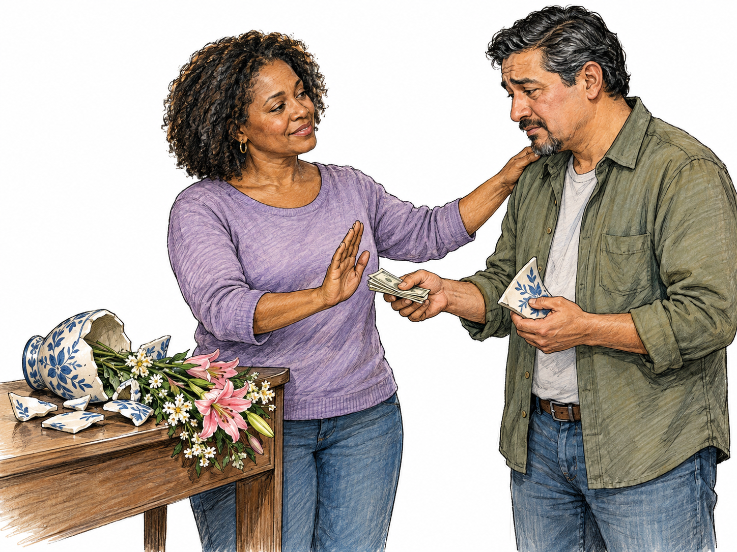 A woman gently declines compensation and reassures an apologetic visitor who has broken her ceramic vase: she rests a hand on his shoulder while turning his offered banknotes back toward him.