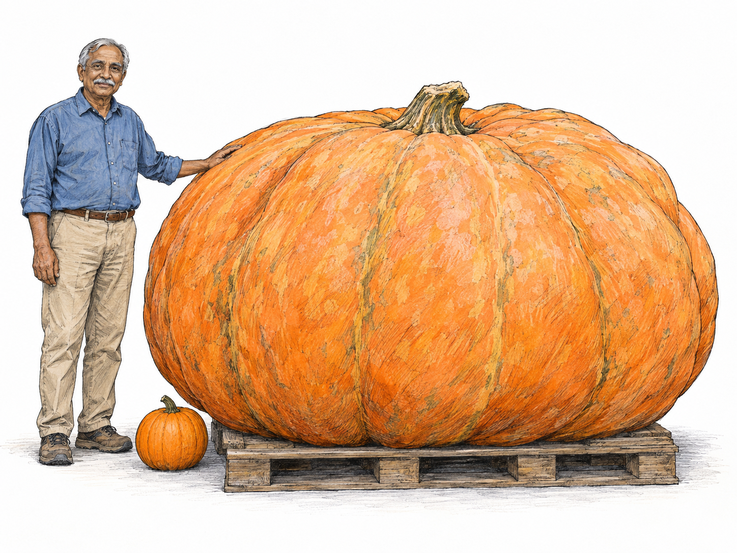 An enormous competition-grown pumpkin on a low pallet dwarfs an older adult standing beside it.