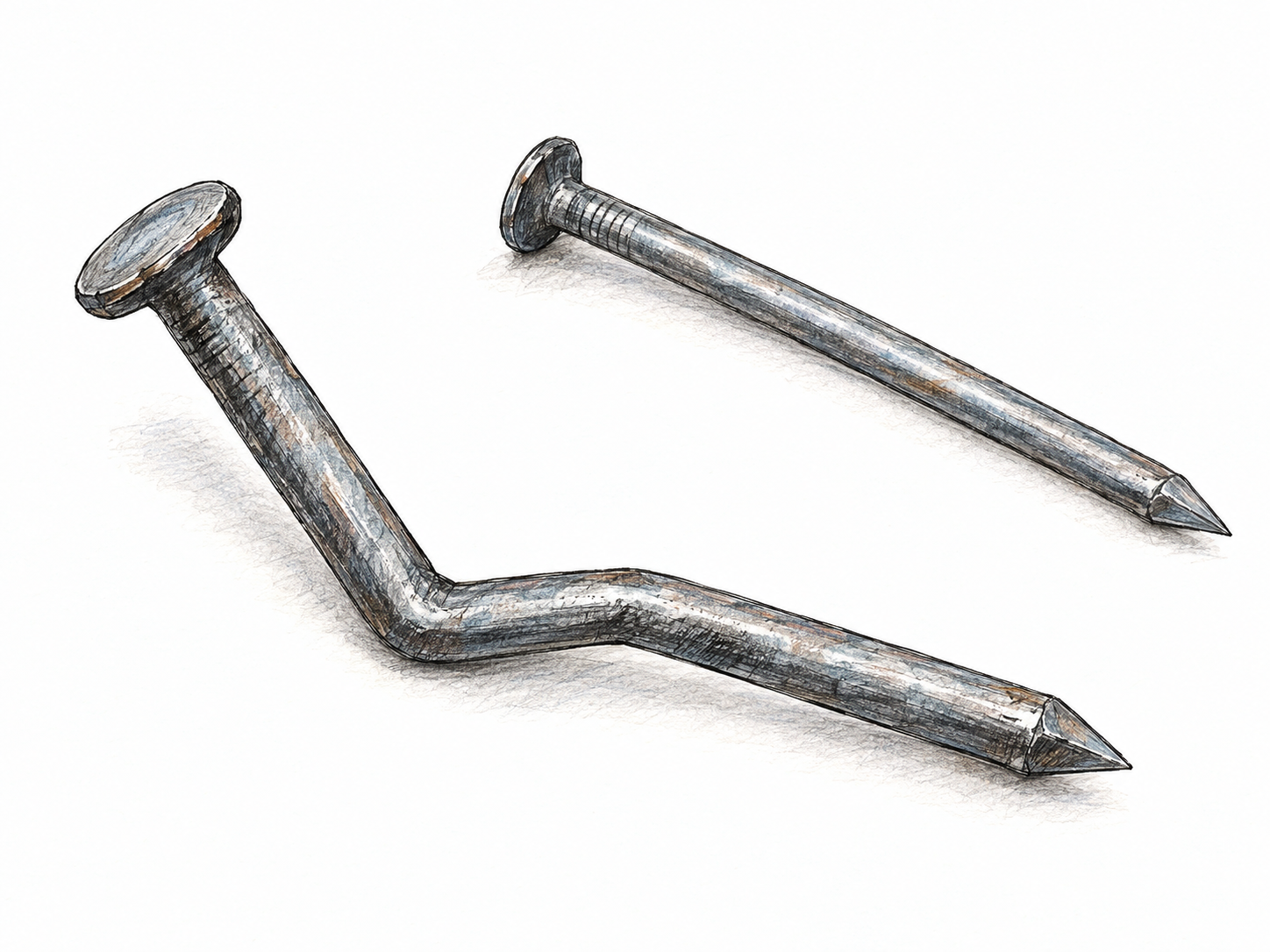 A large metal nail with its shaft sharply bent sideways, beside one straight nail for immediate comparison.