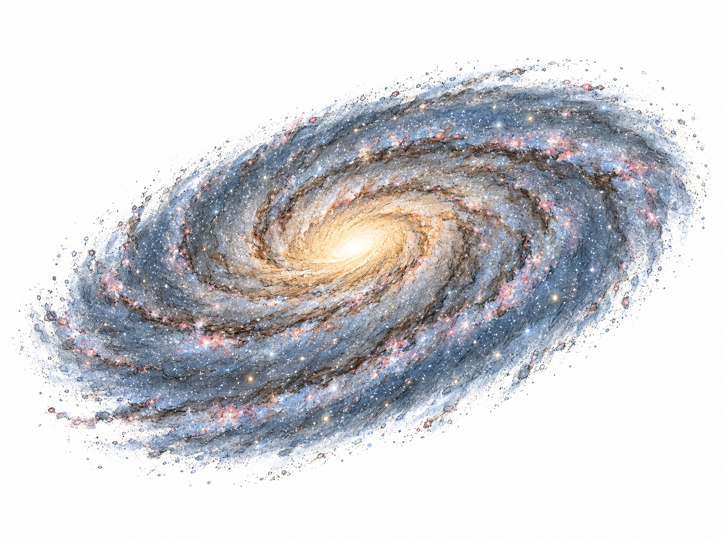 An oblique spiral galaxy with a bright central bulge, sweeping star-filled arms and dark dust lanes, making galactic structure immediately recognizable.