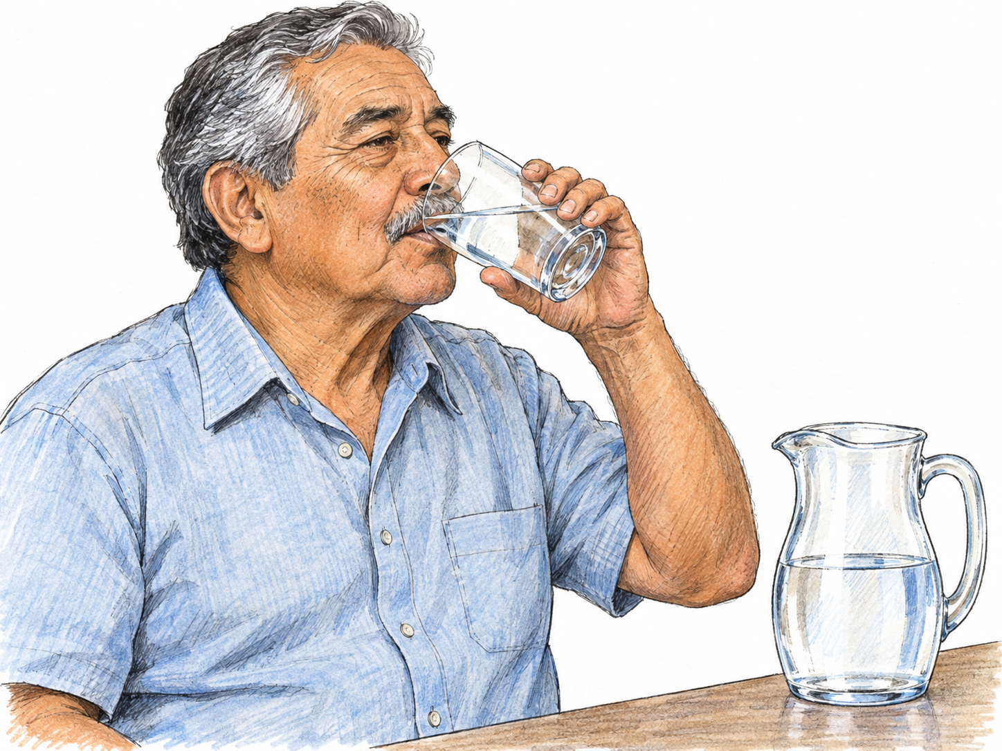 An older man drinks clear water from a transparent glass, visibly depicting the process of supplying his body with water.