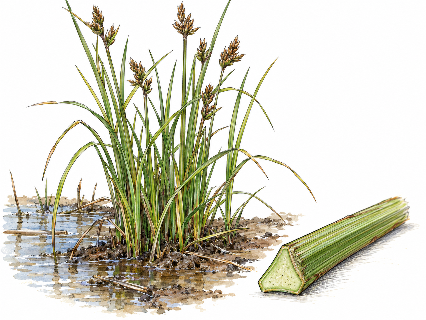 A sedge clump growing at a shallow wetland edge, paired with a foreground cut stem whose solid triangular cross-section is clearly visible.