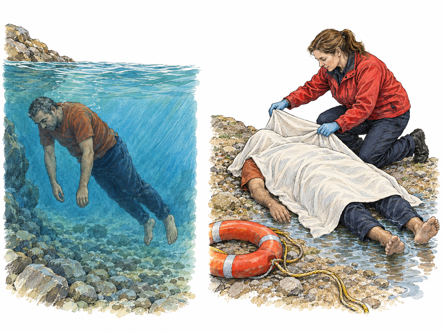 A restrained two-panel sequence connects a motionless submerged man with his covered body after recovery at the same waterside, making fatal drowning recognizable rather than showing only a survivable emergency.