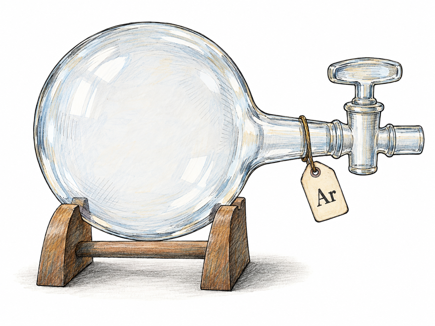 A sealed transparent laboratory gas-sample bulb marked with the chemical symbol Ar, showing no visible color, particles or liquid.