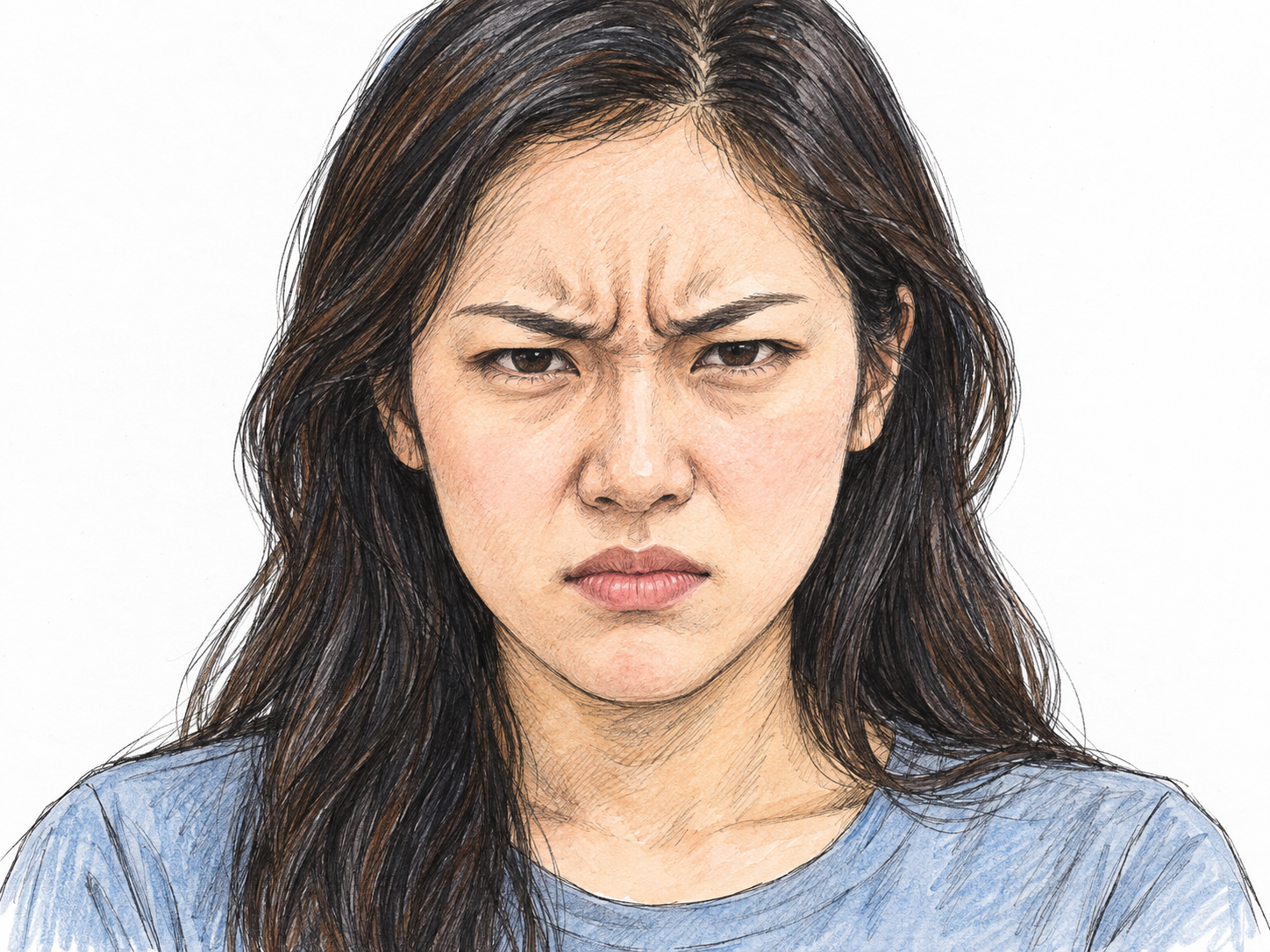 A close-up of a young woman frowning, with eyebrows visibly drawn inward and downward and distinct vertical creases between them.