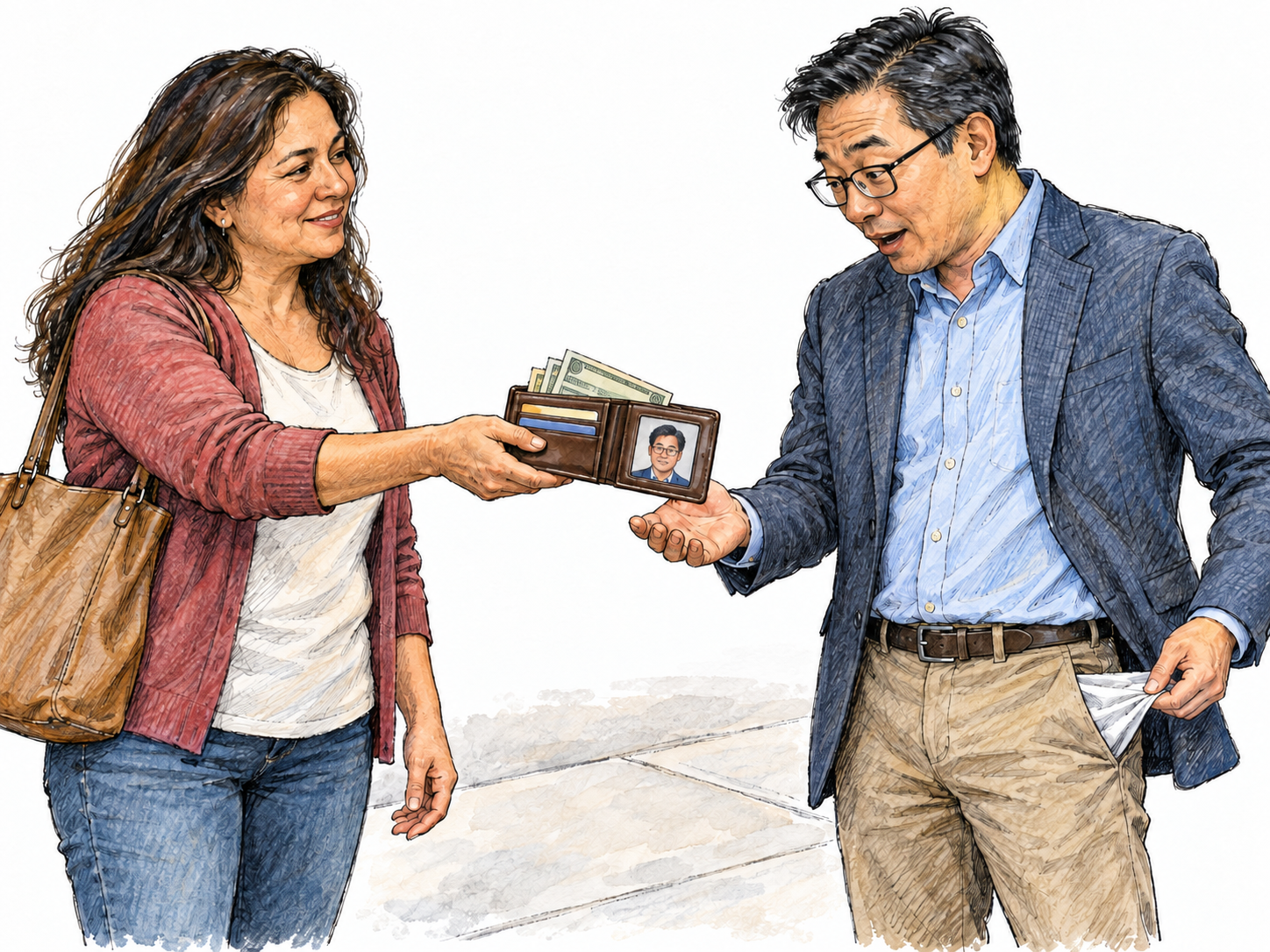 A woman returns a cash-filled wallet to its owner, who has just discovered his empty pocket.