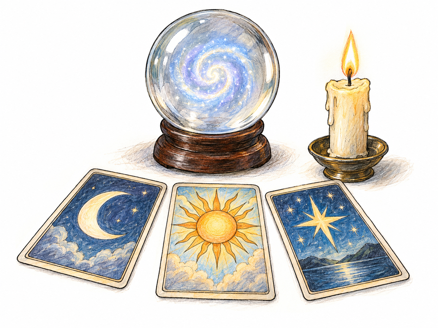 A small arrangement of mystical objects: a crystal ball on a plain stand, three face-up divination cards bearing only simple celestial pictures, and a lit candle.
