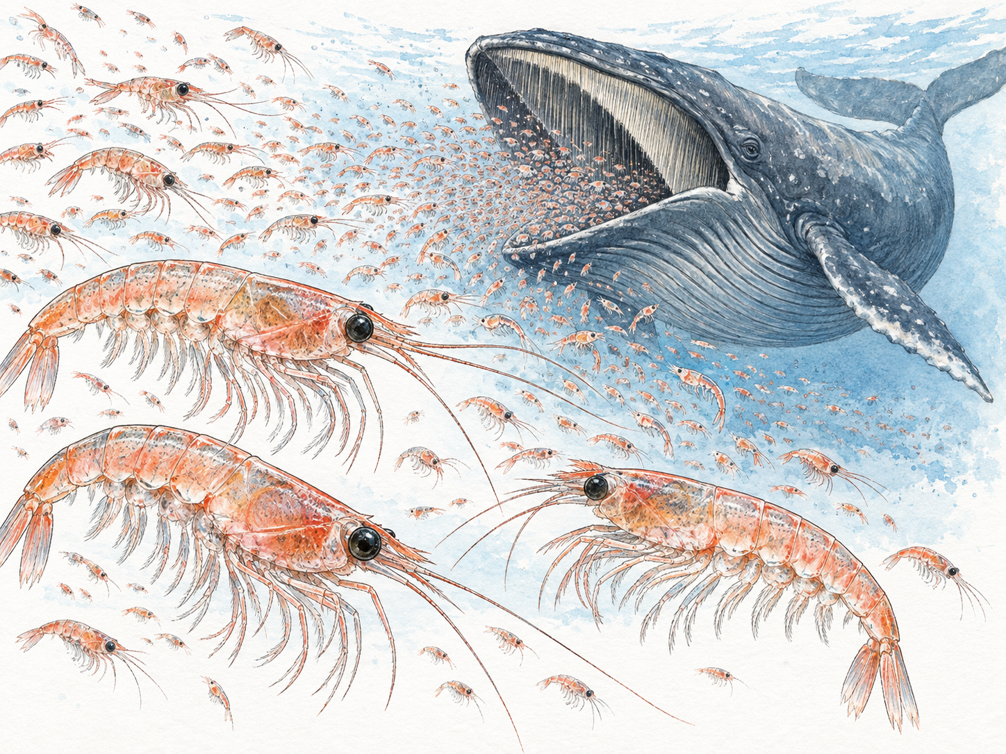 A close view of translucent pink krill within a dense swarm, with a baleen whale feeding on the swarm farther behind.