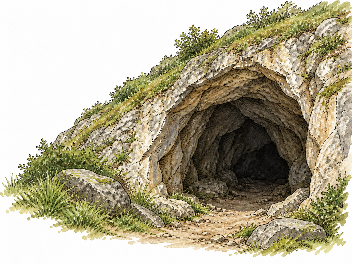 A large natural cave entrance opens into shadow in a rocky hillside.