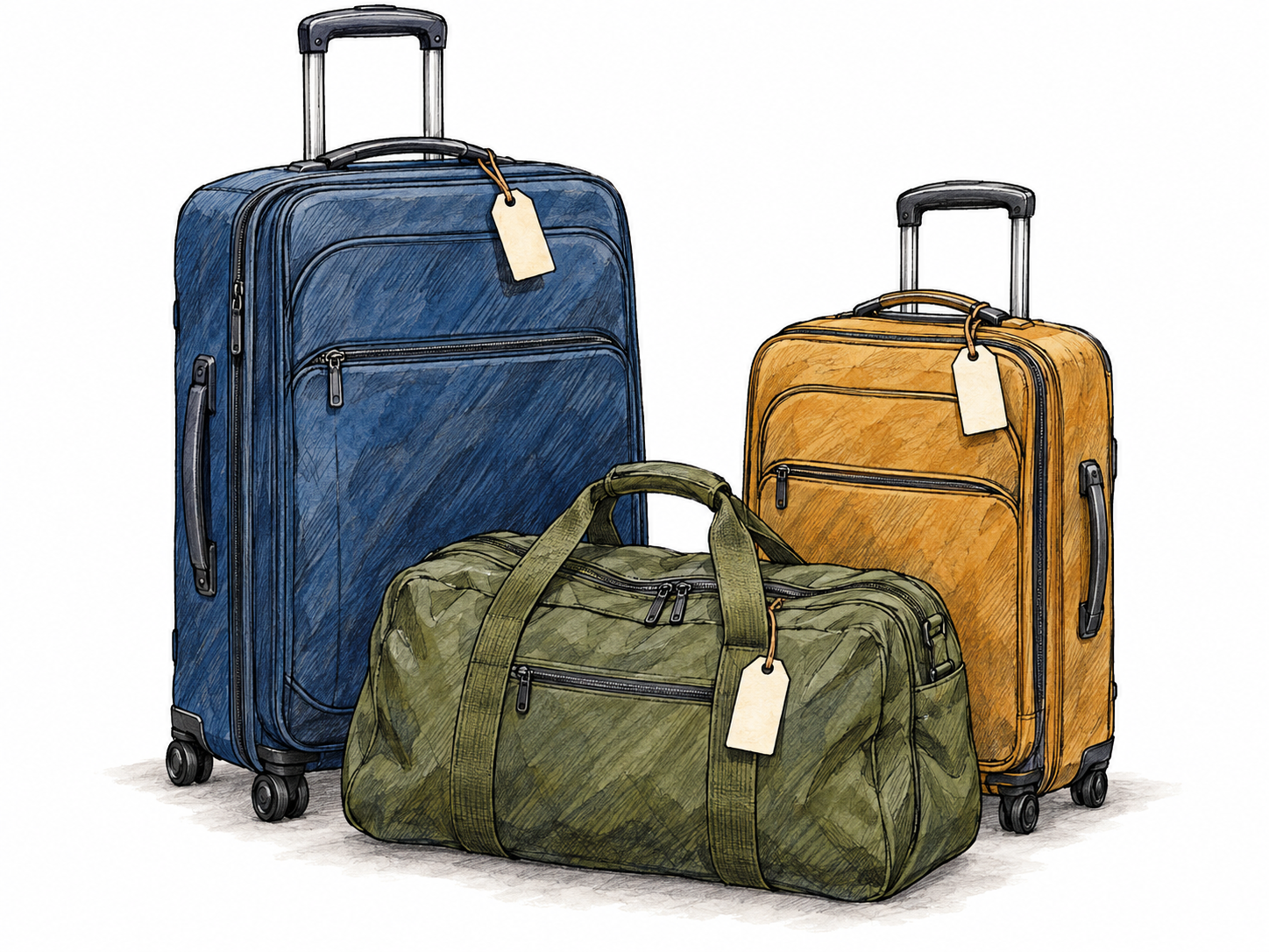 A compact group of travel luggage: two wheeled suitcases and a soft duffel with carrying handles, with blank luggage tags clearly attached.