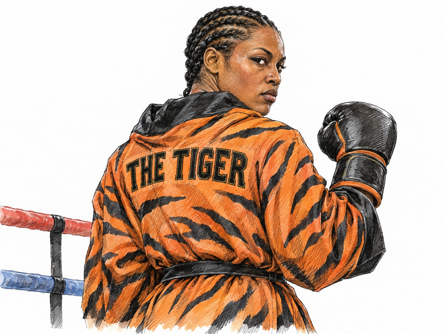 A boxer wears the descriptive ring epithet “THE TIGER” on her entrance robe.