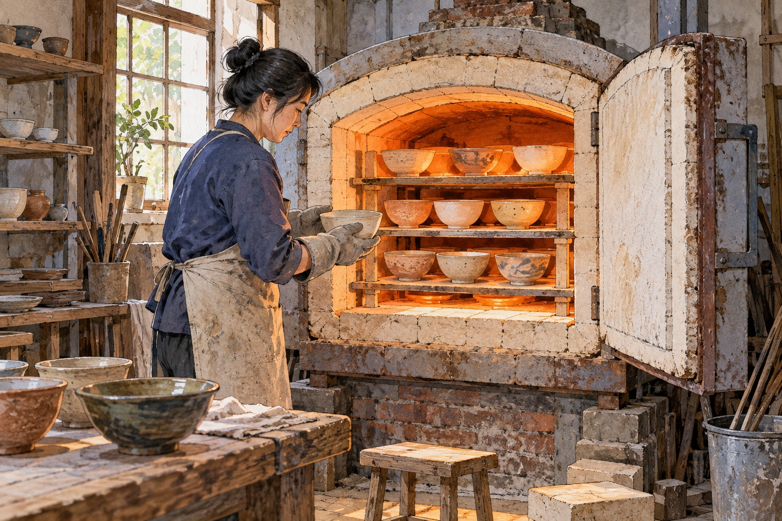 A pottery kiln with thick insulated door open reveals rows of fired ceramic bowls glowing softly warm inside, workshop setting, no controls lettering.