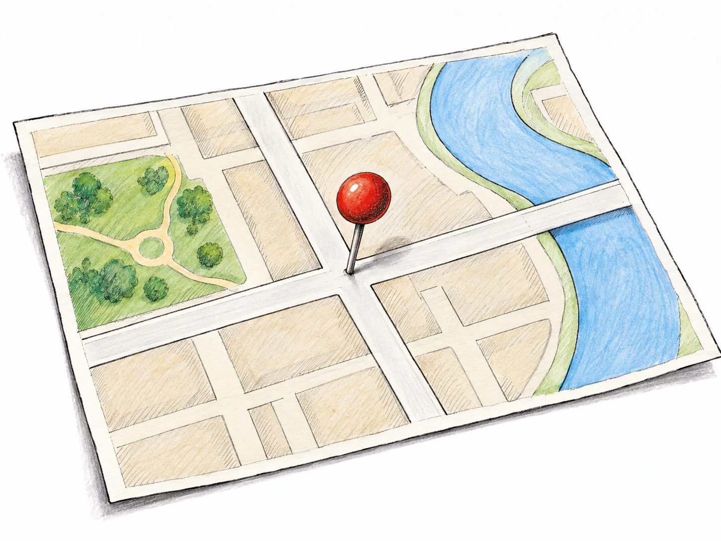 A single red-headed pushpin marks one precise position on a simple, unlabeled street map.