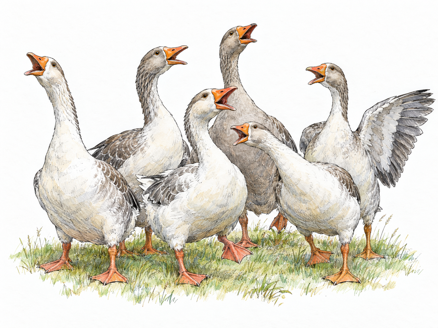 Six geese crowd together in a loose, disorderly cluster, several honking with open bills while their necks point in different directions.