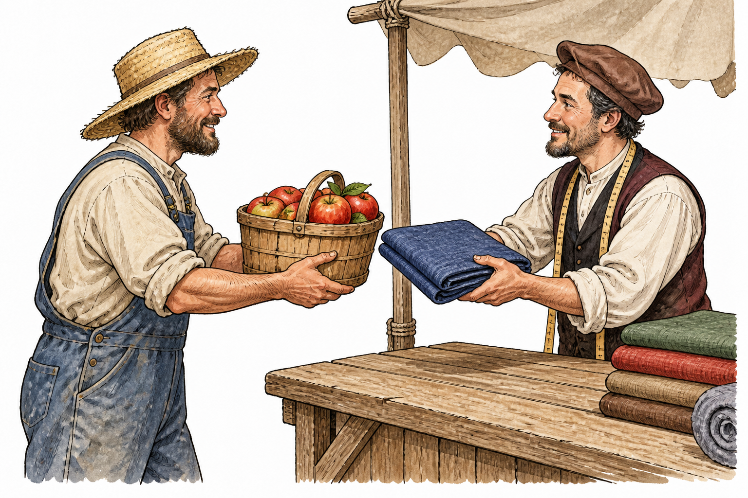 A farmer trades a basket of apples for a tailor's folded cloth at a market stall, reciprocal exchange.