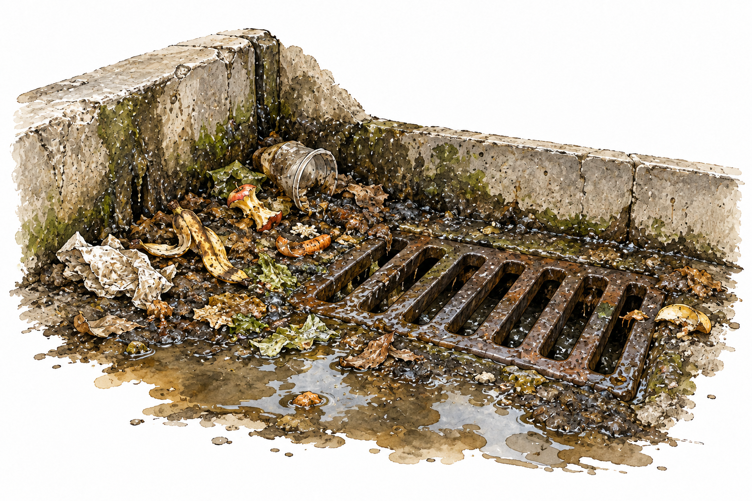 A filthy drain corner thick with grime, discarded food scraps and dirty puddle, non-graphic.