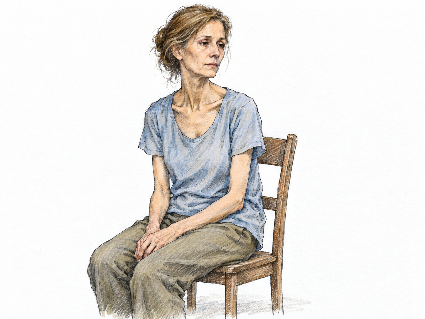 A thin, bony middle-aged woman sits quietly on a plain chair, her hollow cheeks, prominent collarbones and slender wrists conveying a gaunt appearance without caricature.