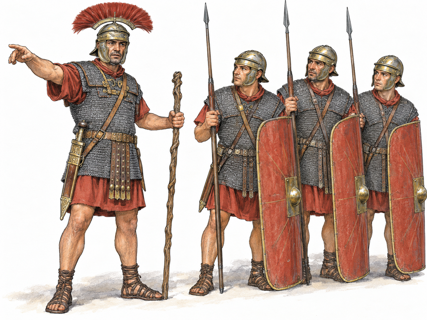 An early Imperial Roman centurion faces the viewer at a slight angle while directing three legionaries.