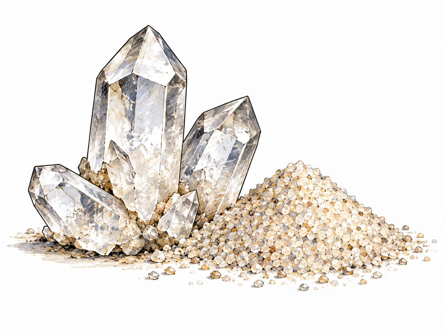 Clear quartz crystals beside a small mound of clean silica sand, geometric crystal faces and granular texture drawn clearly, no chemical labels.