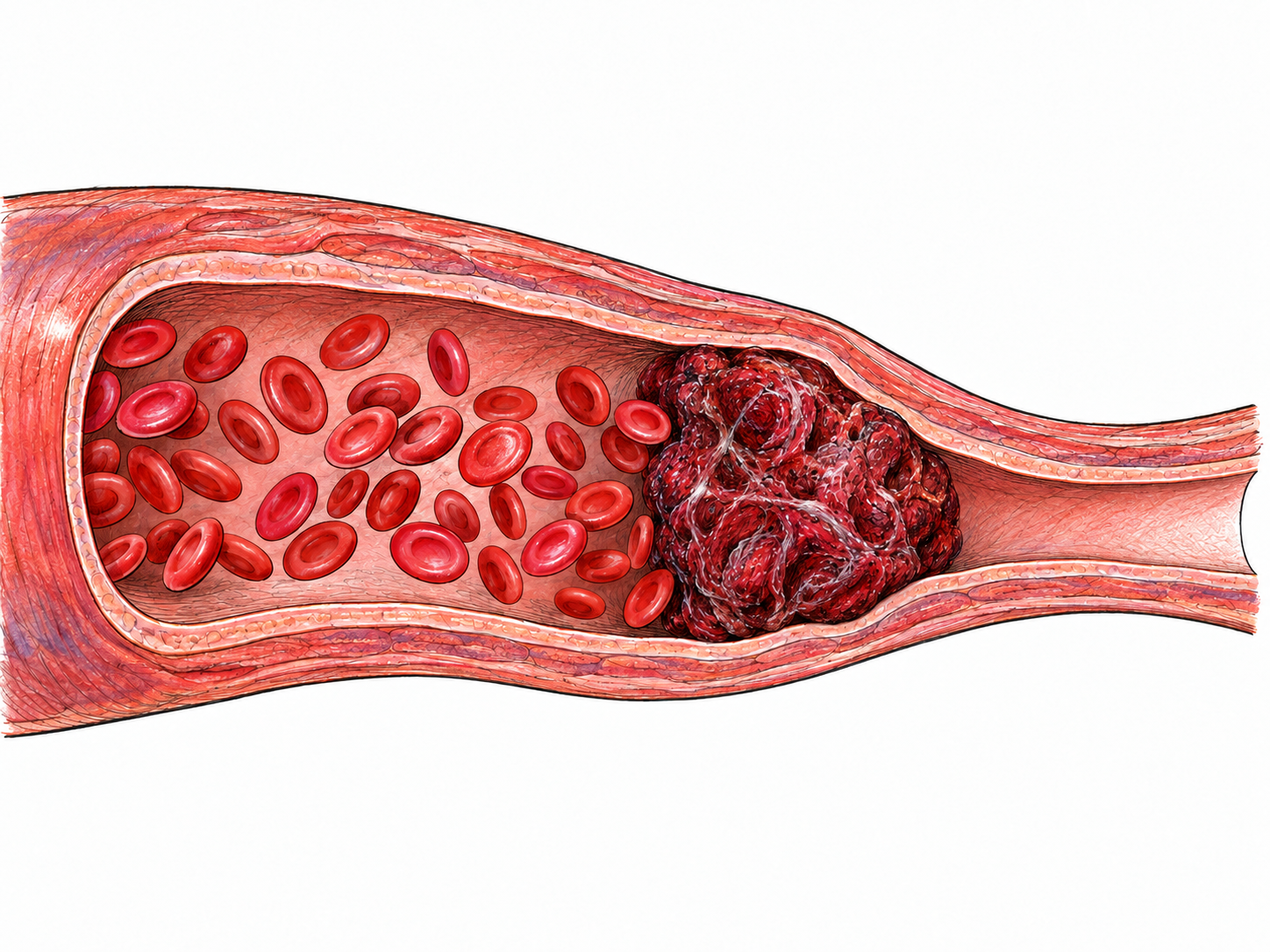 A close longitudinal cutaway of a blood vessel shows a dark-red clot lodged at a narrowing, plugging the lumen, with red blood cells crowded upstream and almost none downstream.