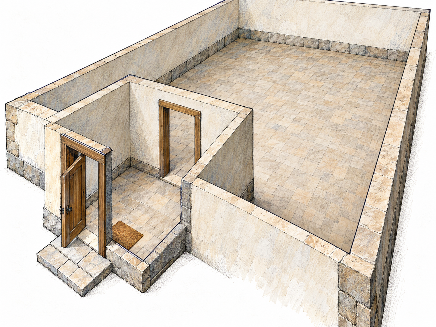 An architectural cutaway clearly shows a small enclosed entrance chamber between an exterior front door and a much larger interior hall.