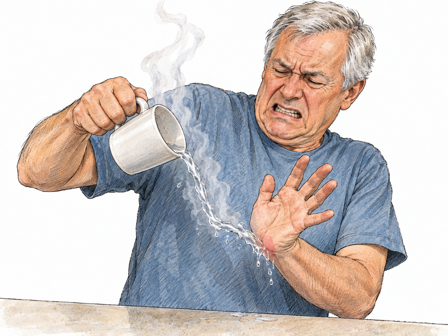 An older man recoils as steaming water from a tipped mug spills onto his bare wrist, leaving a small reddened patch.