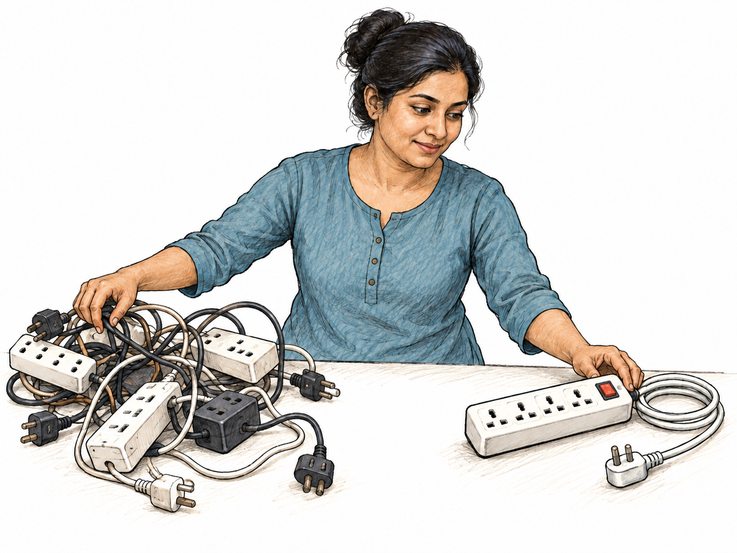 A person replaces a confusing tangle of several short extension leads with one neat power strip, unplugged throughout, making the setup easier to manage.